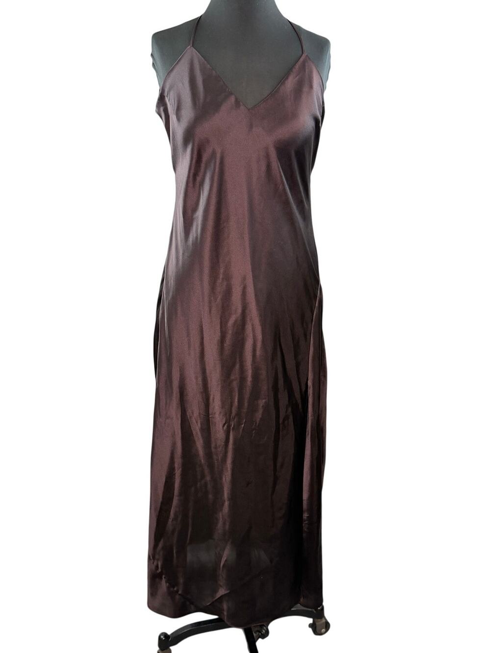 VINTAGE Victoria Secret Brown Slip Dress Drape Back Sweetheart Spaghetti L Large